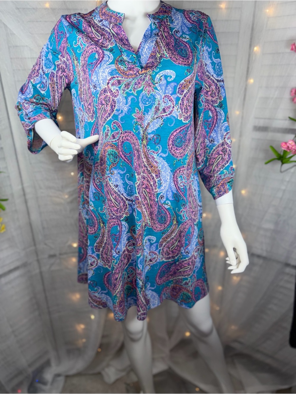 Teal Paisley V-Neck Long-Sleeve Dress